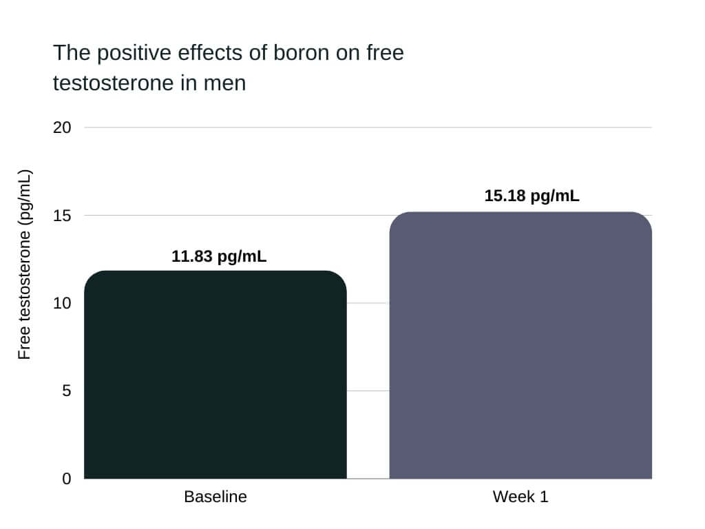 Boron increased free testosterone in male subjects from 11.83 pg/mL to 15.18 pg/mL in just one week