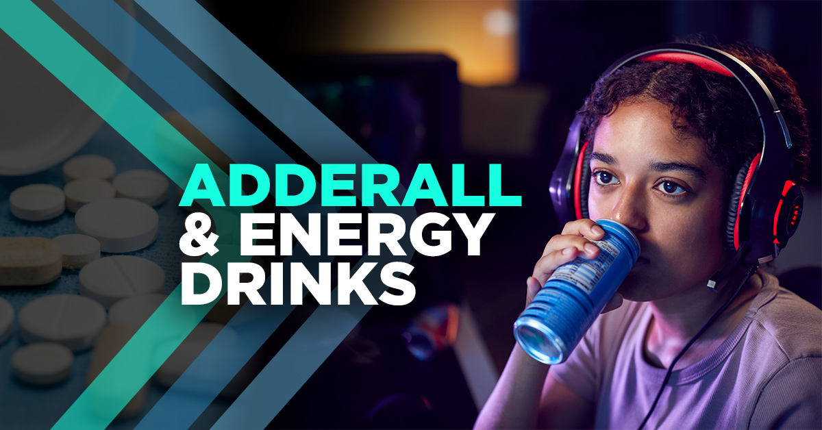 girl holding energy drink next to adderall tablets